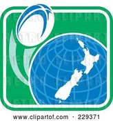 Vector Clip Art of Retro Rugby Ball Flying Around a New Zealand Globe by Patrimonio