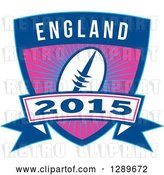 Vector Clip Art of Retro Rugby Ball over a Burst in a Blue England 2015 Shield by Patrimonio
