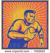 Vector Clip Art of Retro Rugby Football Guy Against Orange Rays by Patrimonio