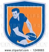 Vector Clip Art of Retro Rugby Player in a Blue and Orange Shield by Patrimonio