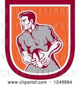 Vector Clip Art of Retro Rugby Player in a Red and Orange Shield by Patrimonio
