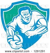 Vector Clip Art of Retro Rugby Union Player Running with a Ball in a Blue White and Green Shield by Patrimonio