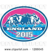 Vector Clip Art of Retro Rugby Union Players in a Scrum in a Blue White and Pink England 2015 Oval by Patrimonio