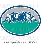 Vector Clip Art of Retro Rugby Union Players in a Scrum in a Blue White Turquoise and Gray Oval by Patrimonio