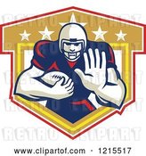 Vector Clip Art of Retro Running Back American Football Player Holding out a Hand over a Shield by Patrimonio