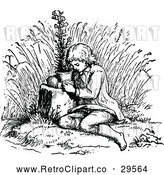 Vector Clip Art of Retro Sad Boy Hugging a Flower Pot by Prawny Vintage