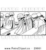 Vector Clip Art of Retro School Girls Seated on Benches in a Classroom by Prawny Vintage
