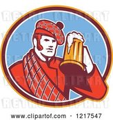Vector Clip Art of Retro Scotsman in a Tartan, Drinking a Beer in a Blue Oval by Patrimonio