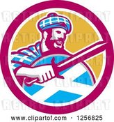 Vector Clip Art of Retro Scottish Highlander in a Tartan with a Sword and Shield in a Pink and Yellow Circle by Patrimonio