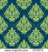 Vector Clip Art of Retro Seamless Background Pattern of Green Damask Floral on Teal by Vector Tradition SM