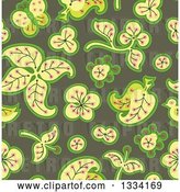 Vector Clip Art of Retro Seamless Background Pattern of Leaves and Flowers over Green by Cherie Reve