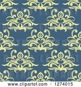 Vector Clip Art of Retro Seamless Background Pattern of Yellow Damask Floral on Blue by Vector Tradition SM