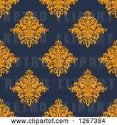 Vector Clip Art of Retro Seamless Pattern Background of Orange Floral Damask on Navy Blue by Vector Tradition SM