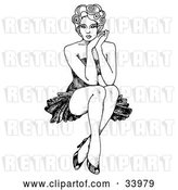 Vector Clip Art of Retro Sexy 1940’s Inspired Pinup Girl with Curly Hair, Seated with Her Ankles Crossed, Resting Her Face Against Her Hands by C Charley-Franzwa
