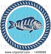 Vector Clip Art of Retro Sheepshead Fish over Blue, in a Frame of Rope by Patrimonio