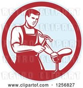 Vector Clip Art of Retro Shoemaker Cobbler Working in a Red and Blue Circle by Patrimonio