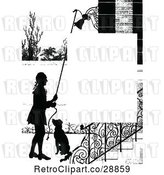Vector Clip Art of Retro Silhouetted Dog and Guy Ringing a Bell Page Border by Prawny Vintage