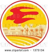Vector Clip Art of Retro Silhouetted Flying Peregrine Falcon over a City with Palm Trees on the Coast, Inside a Circle by Patrimonio