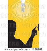 Vector Clip Art of Retro Silhouetted Guy Flipping a Light Switch over Yellow by Patrimonio