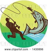 Vector Clip Art of Retro Silhouetted Guy Reeling in a Hooked Salmon Fish in a Circle with a River by Patrimonio