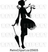 Vector Clip Art of Retro Silhouetted Lady in a Breeze, with an Umbrella by Prawny Vintage