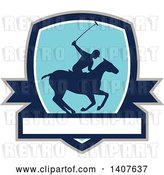 Vector Clip Art of Retro Silhouetted Polo Player on Horseback, Swinging a Mallet in a Shield over a Banner by Patrimonio