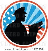 Vector Clip Art of Retro Silhouetted Security Guard and Dog over an American Circle by Patrimonio