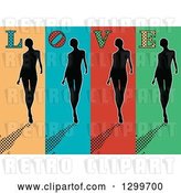 Vector Clip Art of Retro Silhouetted Women Walking on Colorful Panels, with Halftone Shadows and LOVE Text by Pauloribau