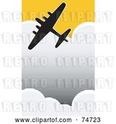 Vector Clip Art of Retro Silhouetted World War II Bomber Flying Through Clouds in a Yellow Sky by Xunantunich