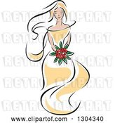 Vector Clip Art of Retro Sketched Blond White Bride in a Yellow Dress, Holding a Bouquet of Red Flowers by Vector Tradition SM