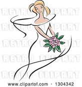 Vector Clip Art of Retro Sketched Blond White Bride with a Bouquet of Pink Flowers by Vector Tradition SM
