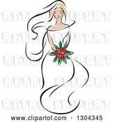 Vector Clip Art of Retro Sketched Blond White Bride with a Bouquet of Red Flowers by Vector Tradition SM