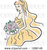 Vector Clip Art of Retro Sketched Blond White Bride with Pink Flowers and a Yellow Dress by Vector Tradition SM