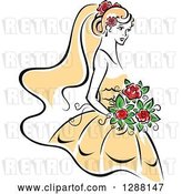 Vector Clip Art of Retro Sketched Bride with Blond Hair, Red Flowers and a Yellow Dress by Vector Tradition SM