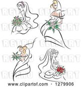 Vector Clip Art of Retro Sketched Brides with Pink and Red Flowers by Vector Tradition SM