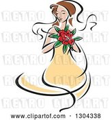 Vector Clip Art of Retro Sketched Brunette White Bride in a Yellow Dress, Holding a Bouquet of Red Flowers by Vector Tradition SM