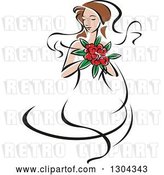 Vector Clip Art of Retro Sketched Brunette White Bride with a Bouquet of Pink Flowers by Vector Tradition SM