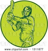 Vector Clip Art of Retro Sketched Cricket Batsman Swinging a Bat in a Green Circle by Patrimonio