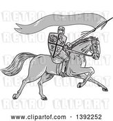 Vector Clip Art of Retro Sketched Grayscale Horseback Knight Holding a Lance, Shield and Flag by Patrimonio