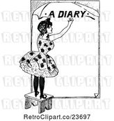 Vector Clip Art of Retro Sketched Lady on a Stool, with a Diary Text by Prawny Vintage