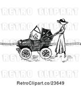 Vector Clip Art of Retro Sketched Lady Pushing a Baby in a Car Stroller by Prawny Vintage