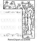 Vector Clip Art of Retro Sketched Lady Reading and Floral Border by Prawny Vintage