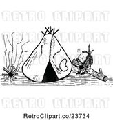 Vector Clip Art of Retro Sketched Native American, Fire and Tipi by Prawny Vintage