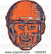 Vector Clip Art of Retro Sketched or Engraved Blue White and Orange American Football Player Head in a Helmet by Patrimonio