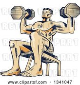 Vector Clip Art of Retro Sketched or Engraved Bodybuilder Sitting on a Bench and Doing Shoulder Presses with Dumbbells by Patrimonio