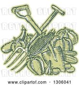Vector Clip Art of Retro Sketched or Engraved Crossed Spade and Pitchfork over Green Harvest Produce by Patrimonio