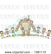 Vector Clip Art of Retro Sketched Steampunk Robot and Stick Children Holding Hands Outside by BNP Design Studio