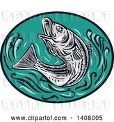 Vector Clip Art of Retro Sketched Striped Bass Rockfish Jumping in a Black and Turquoise Oval by Patrimonio