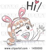 Vector Clip Art of Retro Sketched White Girl Wearing Bunny Ears, Waving and Saying Hi by BNP Design Studio