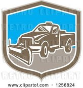 Vector Clip Art of Retro Snow Plow Truck in a Brown White and Blue Shield by Patrimonio